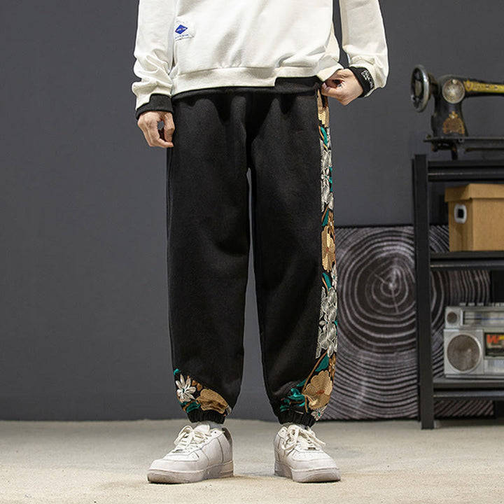 Pantalones de algodón con estampado floral bordado de Buddha Stones Spring para hombre con bolsillos - image 3