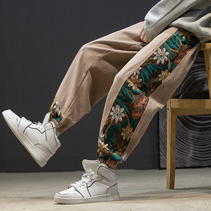 Pantalones de algodón con estampado floral bordado de Buddha Stones Spring para hombre con bolsillos - image 17