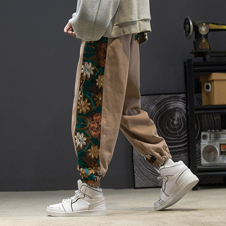 Pantalones de algodón con estampado floral bordado de Buddha Stones Spring para hombre con bolsillos - image 15