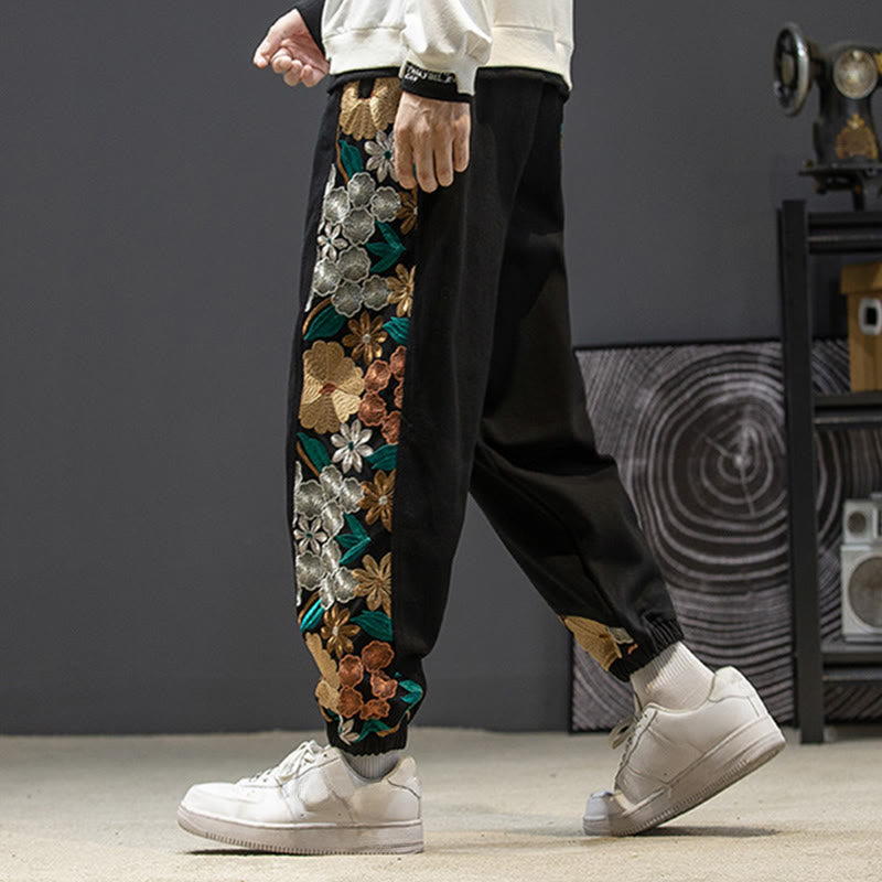 Pantalones de algodón con estampado floral bordado de Buddha Stones Spring para hombre con bolsillos - image 2