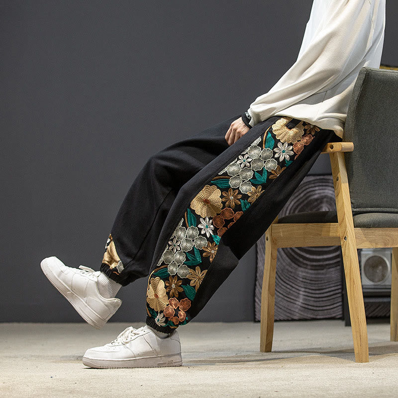 Pantalones de algodón con estampado floral bordado de Buddha Stones Spring para hombre con bolsillos - Negro - US/UK/AU46, EU56 (5XL) - image 0