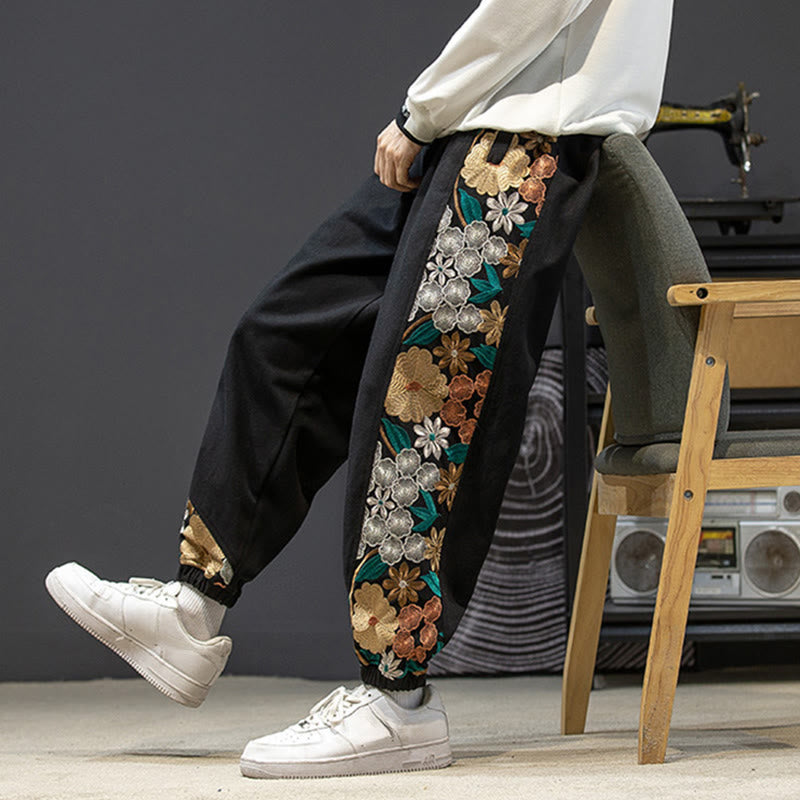 Pantalones de algodón con estampado floral bordado de Buddha Stones Spring para hombre con bolsillos - image 1