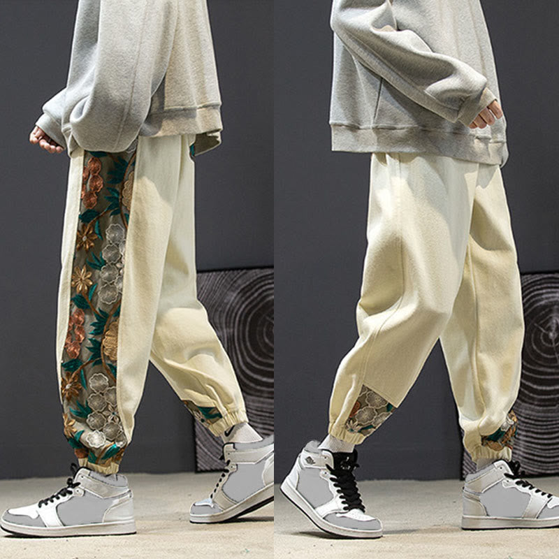 Pantalones de algodón con estampado floral bordado de Buddha Stones Spring para hombre con bolsillos - image 25