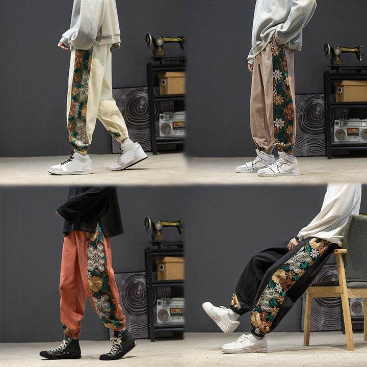 Pantalones de algodón con estampado floral bordado de Buddha Stones Spring para hombre con bolsillos - image 26