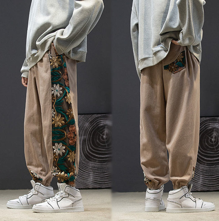 Pantalones de algodón con estampado floral bordado de Buddha Stones Spring para hombre con bolsillos - image 19