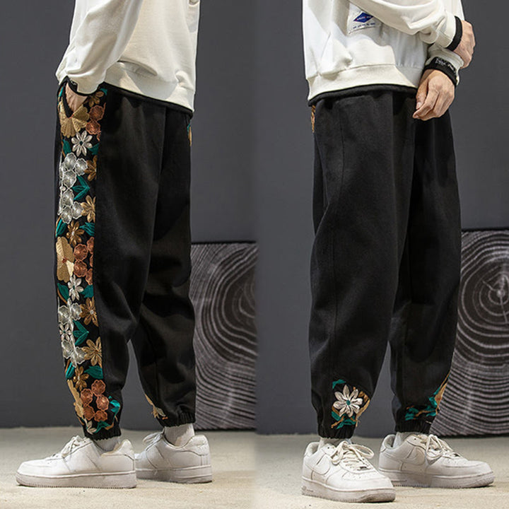 Pantalones de algodón con estampado floral bordado de Buddha Stones Spring para hombre con bolsillos - image 4
