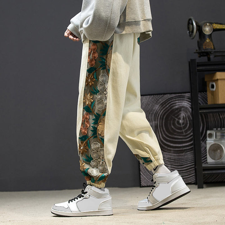 Pantalones de algodón con estampado floral bordado de Buddha Stones Spring para hombre con bolsillos - Chifón de limón - US/UK/AU46, EU56 (5XL) - image 20