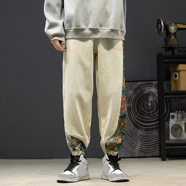 Pantalones de algodón con estampado floral bordado de Buddha Stones Spring para hombre con bolsillos - image 21