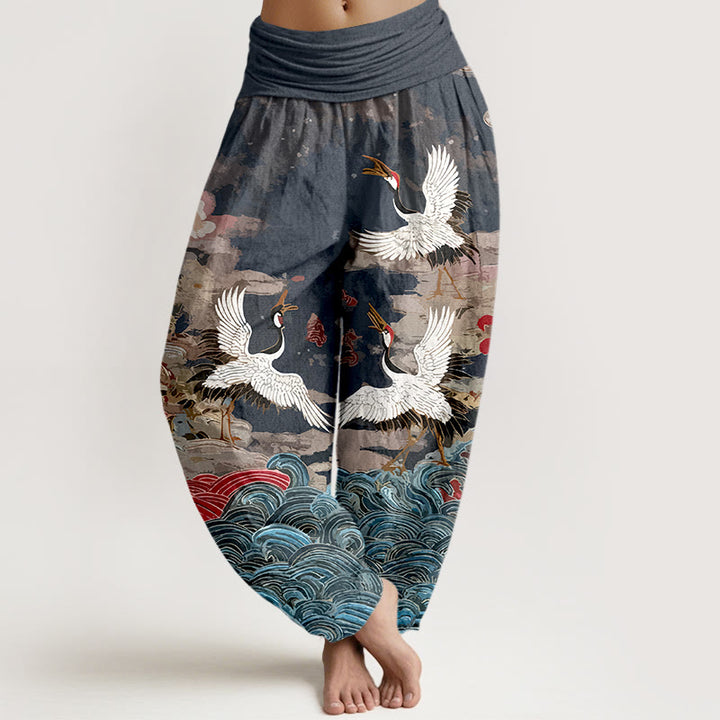 Pantalones Buddha Stones de algodón con estampado clásico de grullas y nubes para mujer, con cintura elástica - Gris pizarra - US16，UK/AU20，EU48 (3XL) - image 0