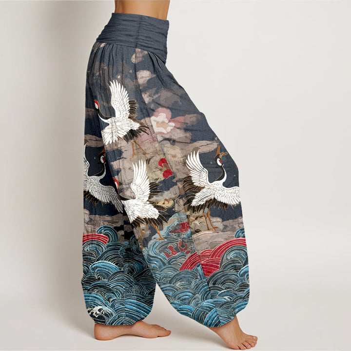 Pantalones Buddha Stones de algodón con estampado clásico de grullas y nubes para mujer, con cintura elástica - image 2
