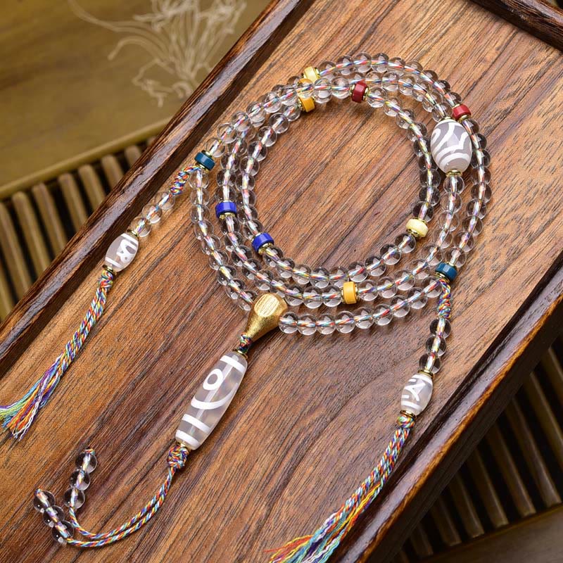 Buddha Stones 108 cuentas Liuli cristal Dzi cuentas ágata bendiciones borla Mala - Cuenta Dzi blanca - 6 mm - image 13