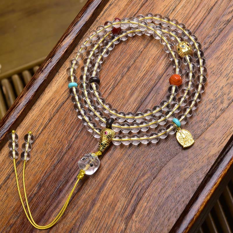 Buddha Stones 108 cuentas Liuli cristal Dzi cuentas ágata bendiciones borla Mala - Dije de cobre con cuerda amarilla - 6 mm - image 15