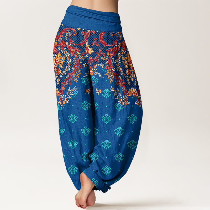 Pantalones harén de algodón con estampado simétrico de hojas y Buddha Stones para mujer, con cintura elástica - image 1