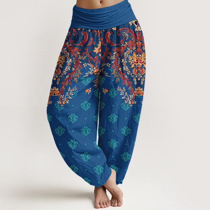 Pantalones harén de algodón con estampado simétrico de hojas y Buddha Stones para mujer, con cintura elástica - Azul - US16，UK/AU20，EU48 (3XL) - image 0