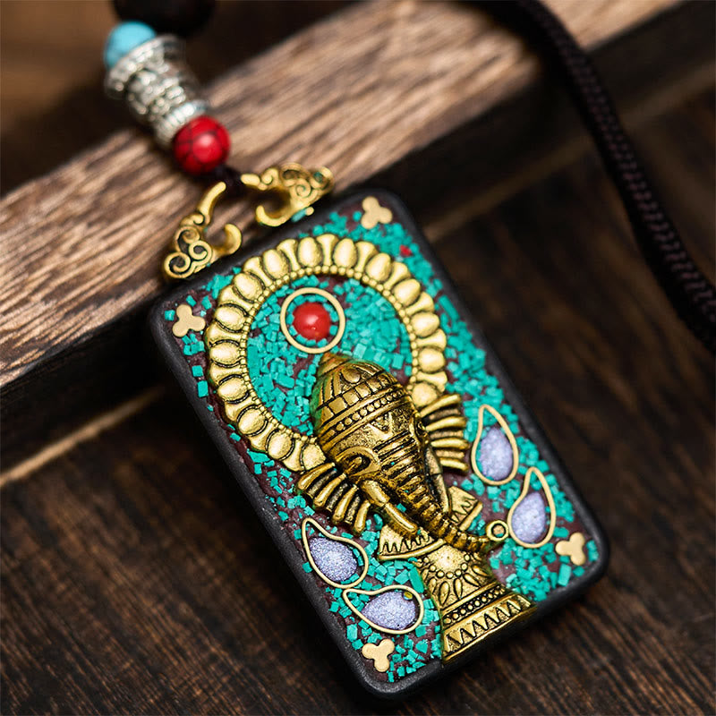 Collar con colgante de paz de madera de ébano con elefante Ganesh Ganpati tibetano y Buddha Stones - Un estilo - image 0