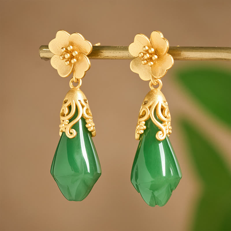 Pendientes de equilibrio de oro y cobre con jaspe verde, flor de magnolia y Buddha Stones - image 3