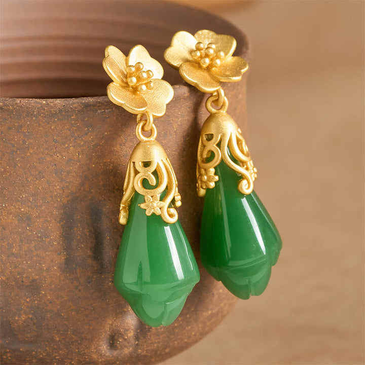 Pendientes de equilibrio de oro y cobre con jaspe verde, flor de magnolia y Buddha Stones - Jaspe verde (tamaño de los pendientes: 1 x 3,5 cm) - image 0