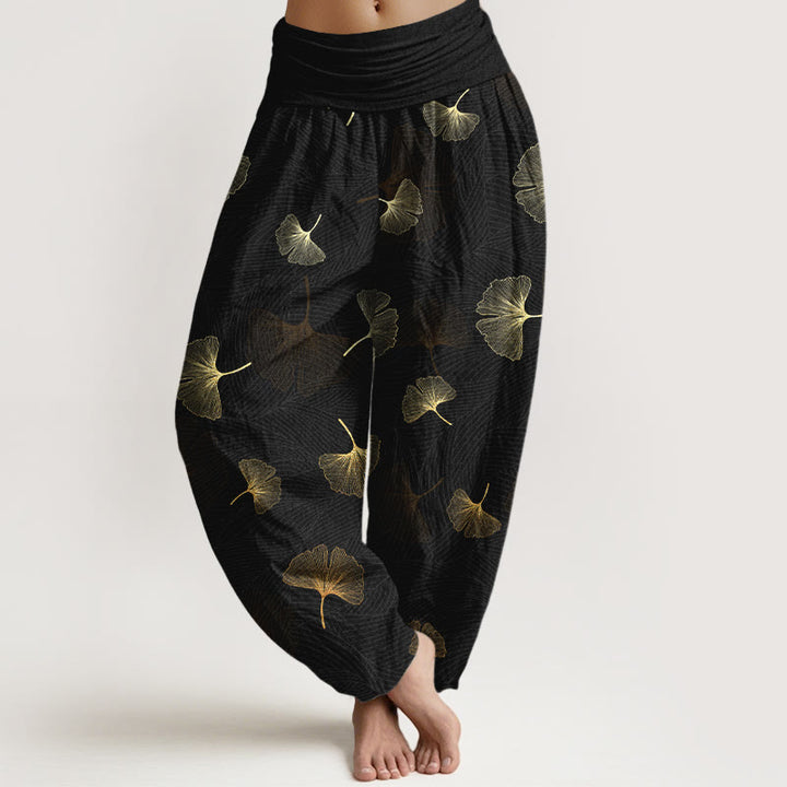Pantalones harén de algodón con estampado de ginkgo y Buddha Stones para mujer, cintura elástica - Negro - US16，UK/AU20，EU48 (3XL) - image 0