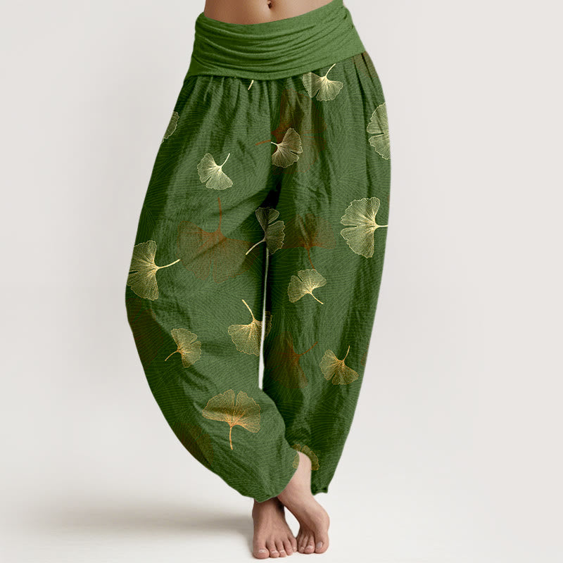 Pantalones harén de algodón con estampado de ginkgo y Buddha Stones para mujer, cintura elástica - Verde - US16，UK/AU20，EU48 (3XL) - image 5