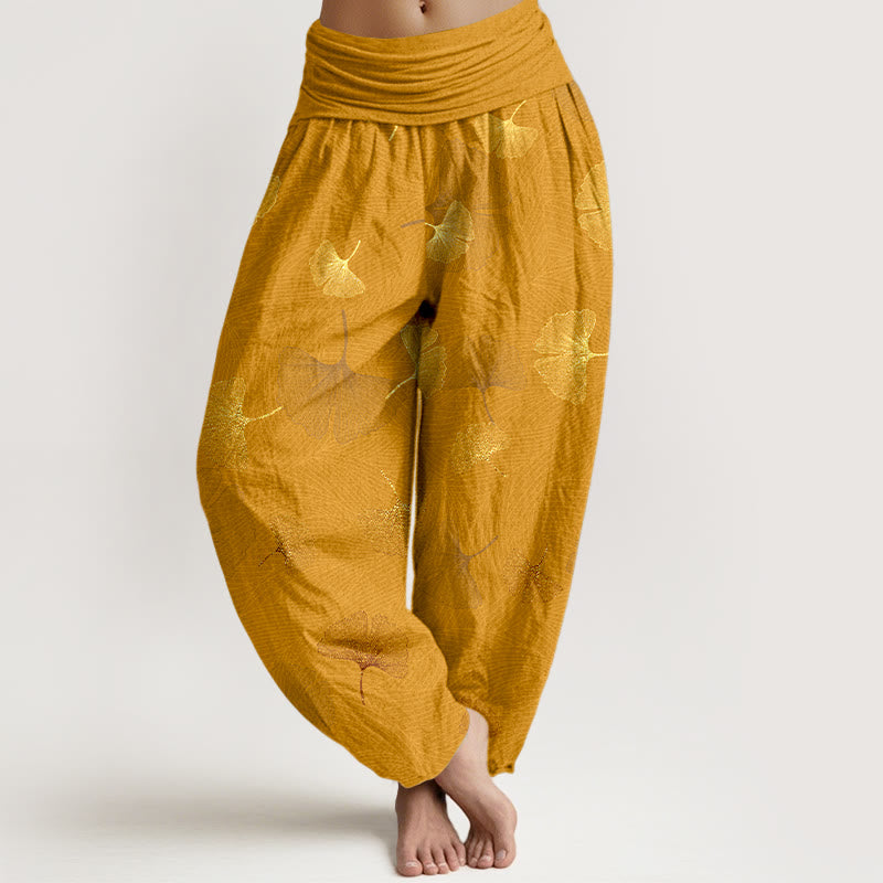 Pantalones harén de algodón con estampado de ginkgo y Buddha Stones para mujer, cintura elástica - Vara de oro - US16，UK/AU20，EU48 (3XL) - image 8