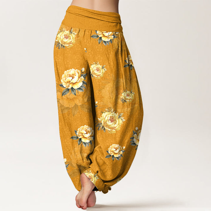 Pantalones Buddha Stones de algodón con delicado estampado de peonías y cintura elástica para mujer - image 1