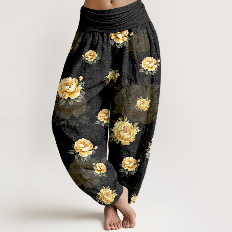 Pantalones Buddha Stones de algodón con delicado estampado de peonías y cintura elástica para mujer - Negro - US16，UK/AU20，EU48 (3XL) - image 5