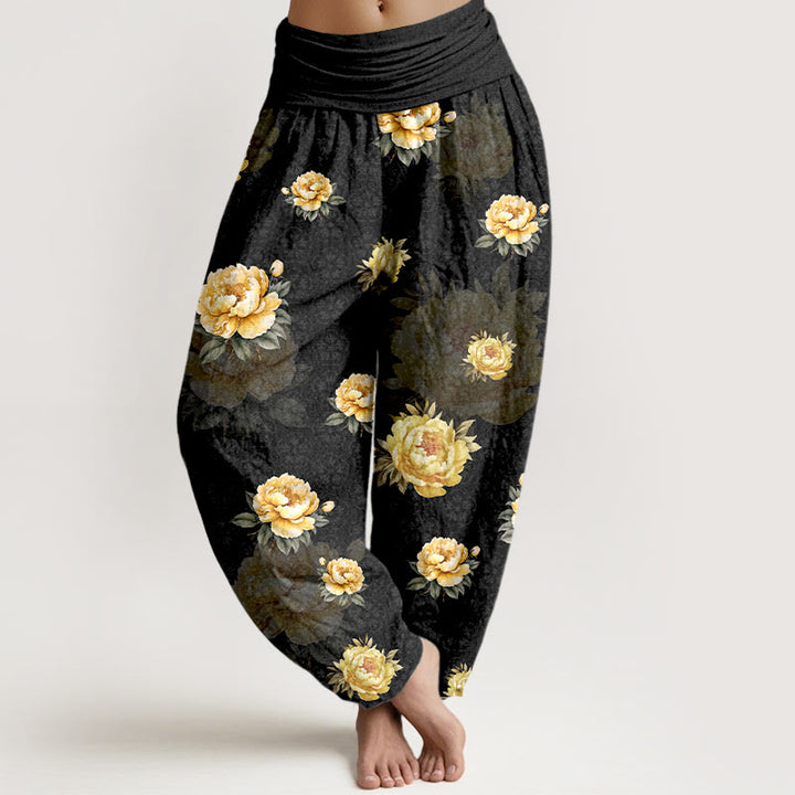 Pantalones Buddha Stones de algodón con delicado estampado de peonías y cintura elástica para mujer - Negro - US16，UK/AU20，EU48 (3XL) - image 5