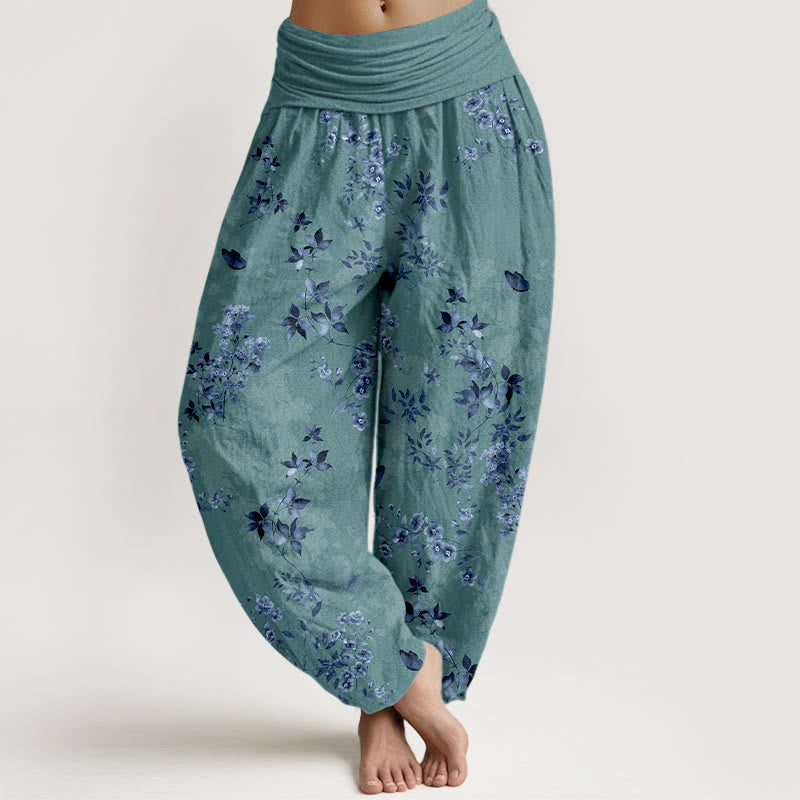 Pantalones Buddha Stones de algodón con estampado de hojas y flores nebulosas para mujer, cintura elástica - Azul cadete - US16，UK/AU20，EU48 (3XL) - image 5