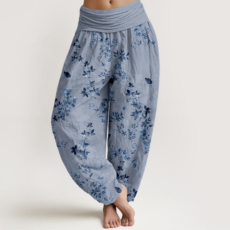 Pantalones Buddha Stones de algodón con estampado de hojas y flores nebulosas para mujer, cintura elástica - Azul acero claro - US16，UK/AU20，EU48 (3XL) - image 8