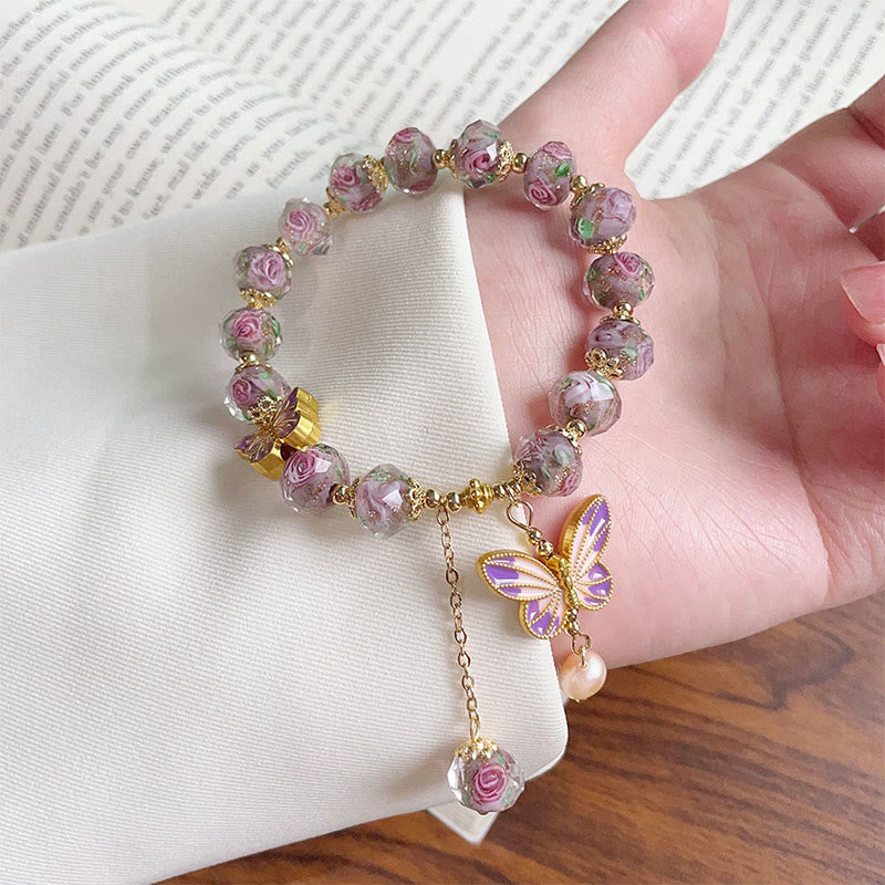 Pulsera de amor con cuentas de cristal Liuli y flores con dijes de mariposas dobles de Buddha Stones - image 2