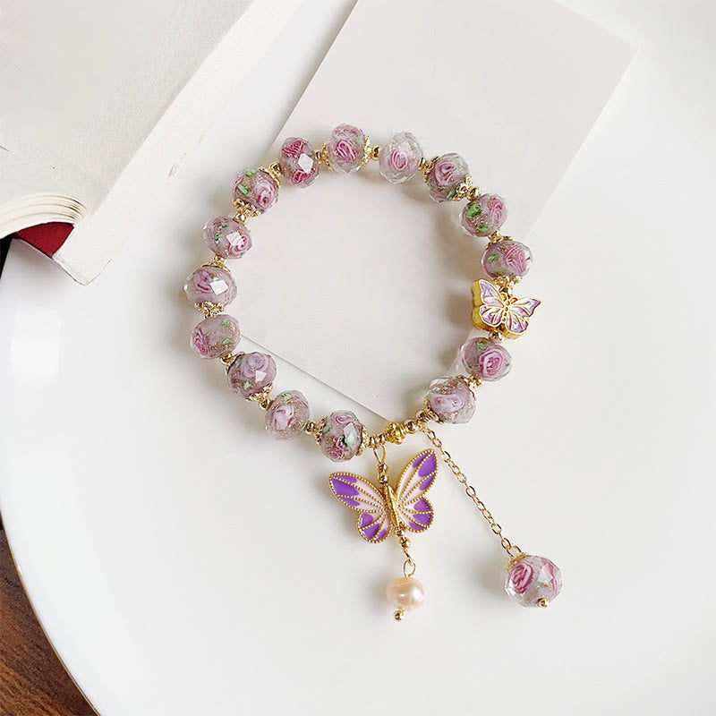 Pulsera de amor con cuentas de cristal Liuli y flores con dijes de mariposas dobles de Buddha Stones - Liuli (circunferencia de la muñeca: 14-16 cm) - image 0