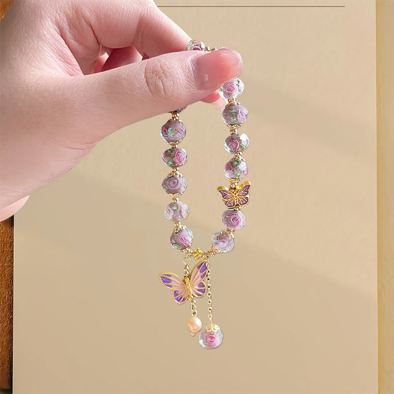 Pulsera de amor con cuentas de cristal Liuli y flores con dijes de mariposas dobles de Buddha Stones - image 3