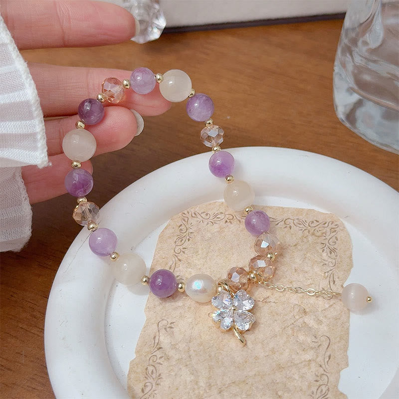Pulsera de equilibrio con Buddha Stones de cuatro hojas, amatista, citrino, cuarzo fresa verde y cuarzo rutilado. - Amatista (circunferencia de la muñeca: 15-17 cm) - image 1