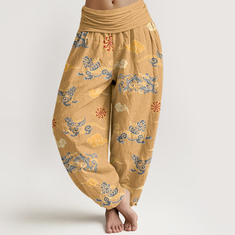 Pantalones harén de algodón con diseño de Buddha Stones, dragón, bestia auspiciosa y nubes, cintura elástica, para mujer - Oro - US16，UK/AU20，EU48 (3XL) - image 0