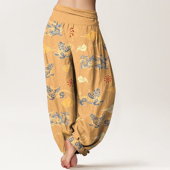 Pantalones harén de algodón con diseño de Buddha Stones, dragón, bestia auspiciosa y nubes, cintura elástica, para mujer - image 1