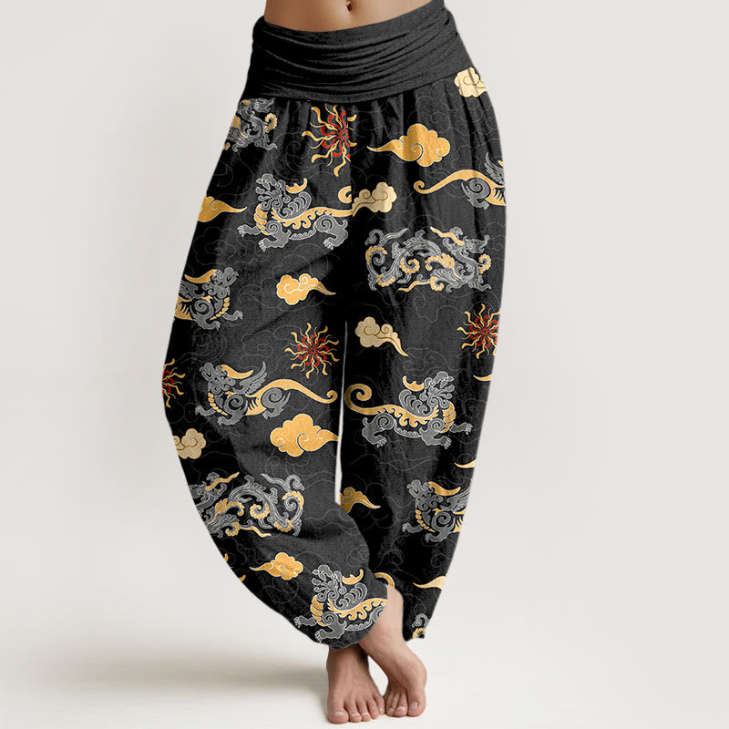 Pantalones harén de algodón con diseño de Buddha Stones, dragón, bestia auspiciosa y nubes, cintura elástica, para mujer - Negro - US16，UK/AU20，EU48 (3XL) - image 8