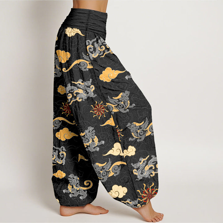 Pantalones harén de algodón con diseño de Buddha Stones, dragón, bestia auspiciosa y nubes, cintura elástica, para mujer - image 10