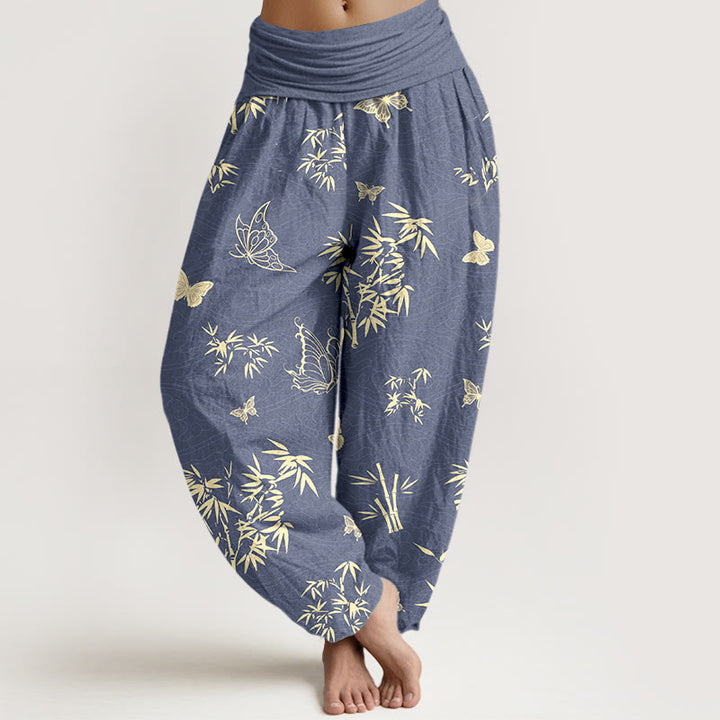 Pantalones Buddha Stones de algodón con estampado de mariposas y bambú para mujer, cintura elástica - Azul pizarra - US16，UK/AU20，EU48 (3XL) - image 0