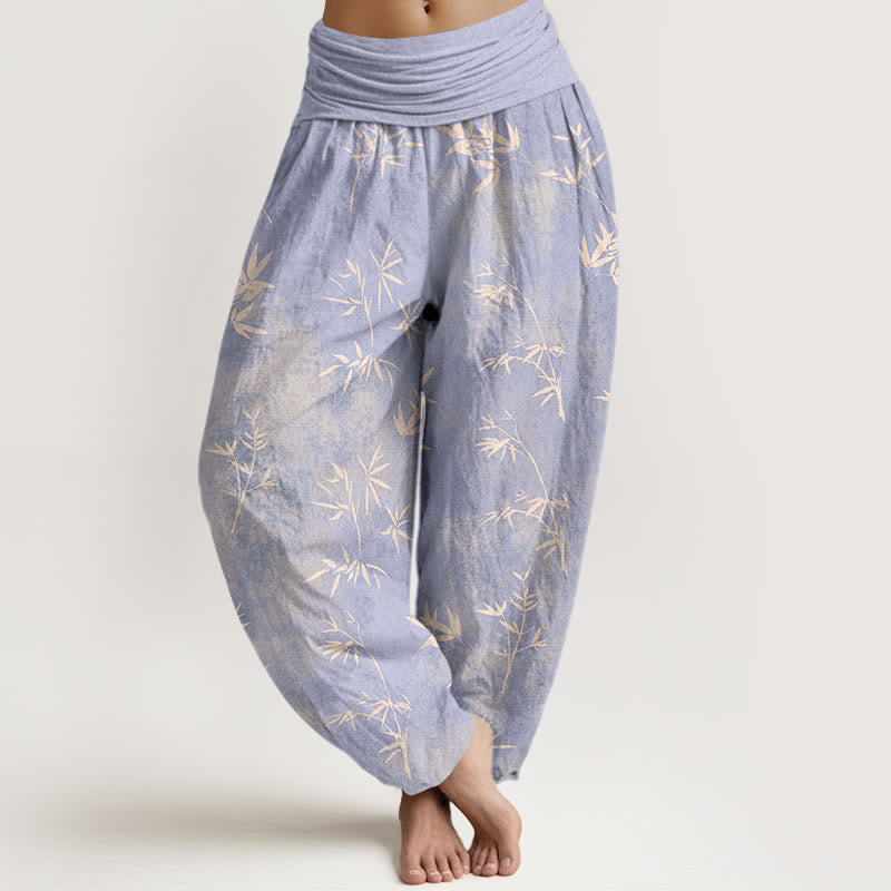 Pantalones harén de algodón con estampado de hojas de bambú y Buddha Stones para mujer, con cintura elástica - Lavanda - US16，UK/AU20，EU48 (3XL) - image 0