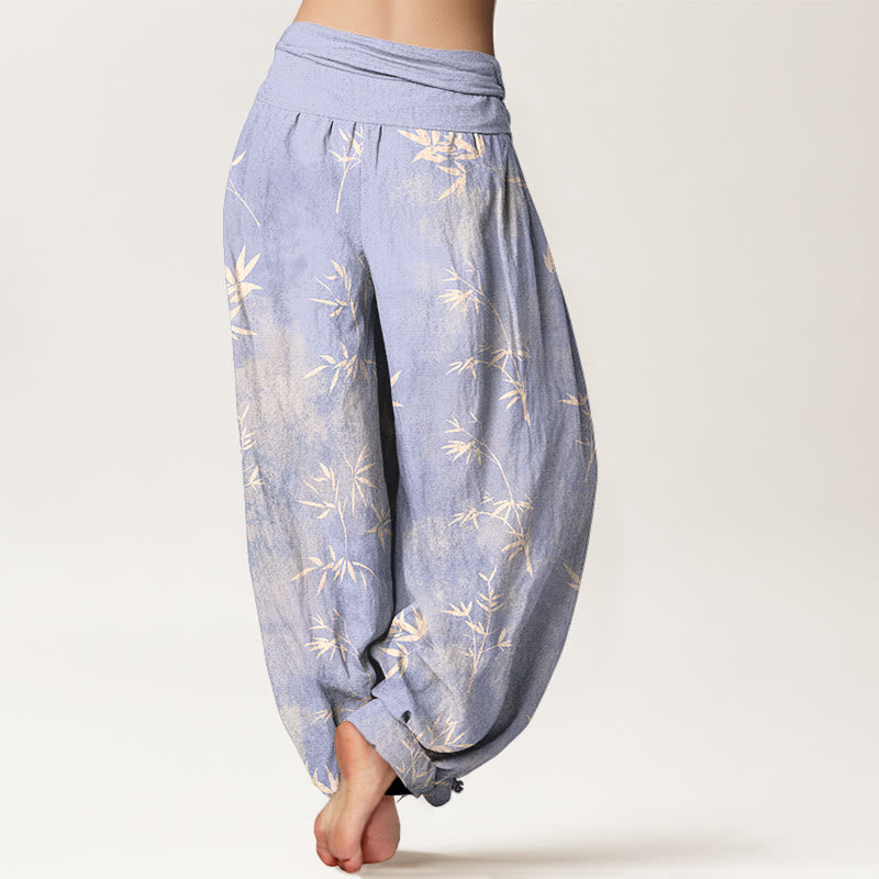 Pantalones harén de algodón con estampado de hojas de bambú y Buddha Stones para mujer, con cintura elástica - image 1