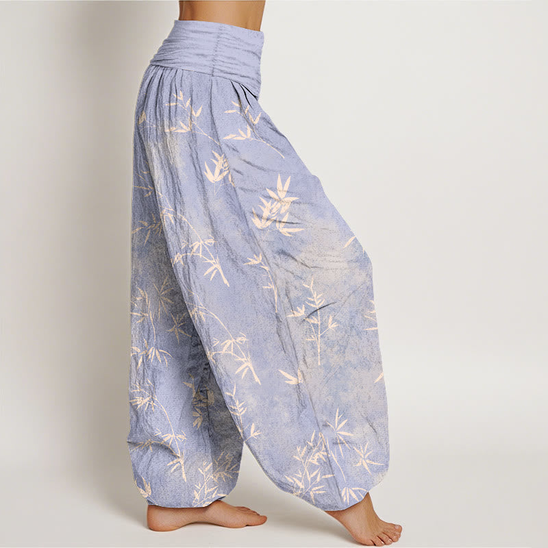 Pantalones harén de algodón con estampado de hojas de bambú y Buddha Stones para mujer, con cintura elástica - image 2