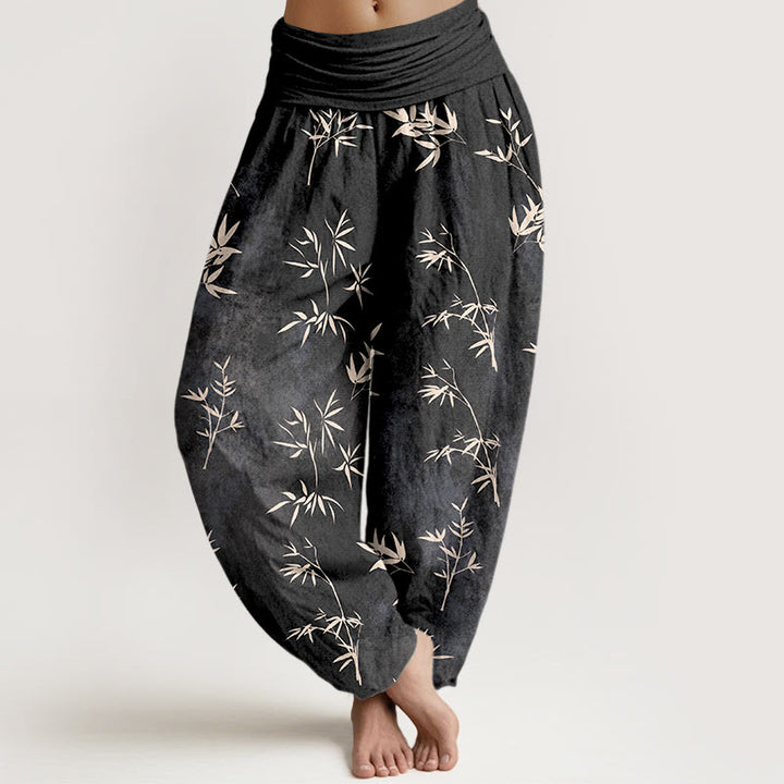 Pantalones harén de algodón con estampado de hojas de bambú y Buddha Stones para mujer, con cintura elástica - Negro - US16，UK/AU20，EU48 (3XL) - image 8