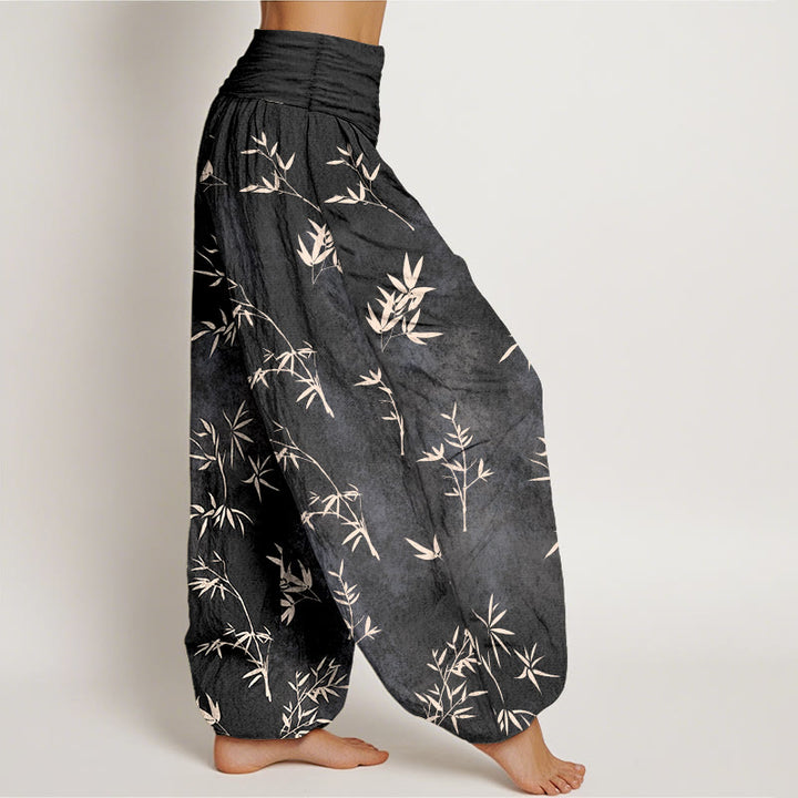 Pantalones harén de algodón con estampado de hojas de bambú y Buddha Stones para mujer, con cintura elástica - image 10