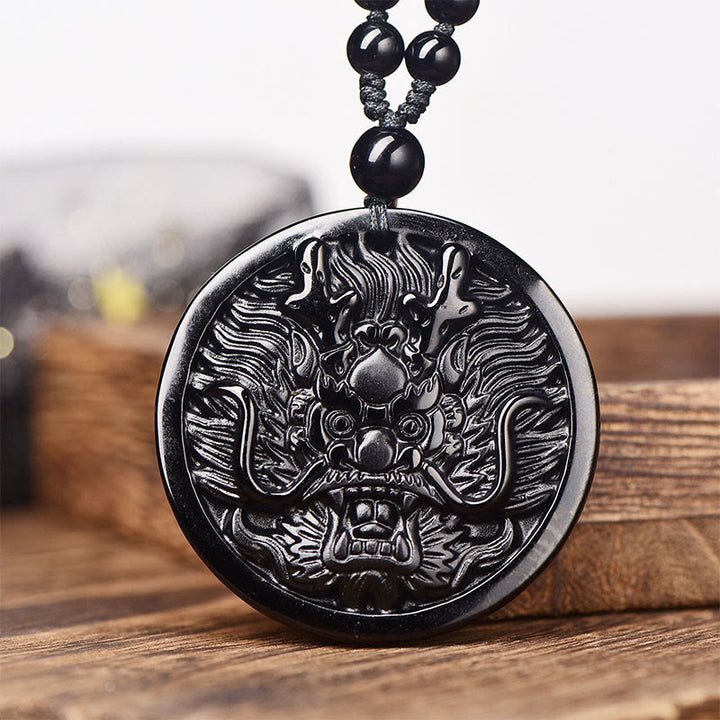 Colgante de obsidiana negra con Buddha Stones y dragón para la transformación - Obsidiana negra con cadena de cuentas - image 0