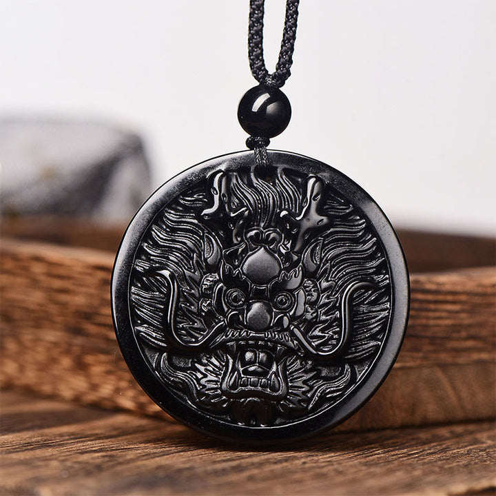 Colgante de obsidiana negra con Buddha Stones y dragón para la transformación - Obsidiana negra con cadena de cuerda - image 7