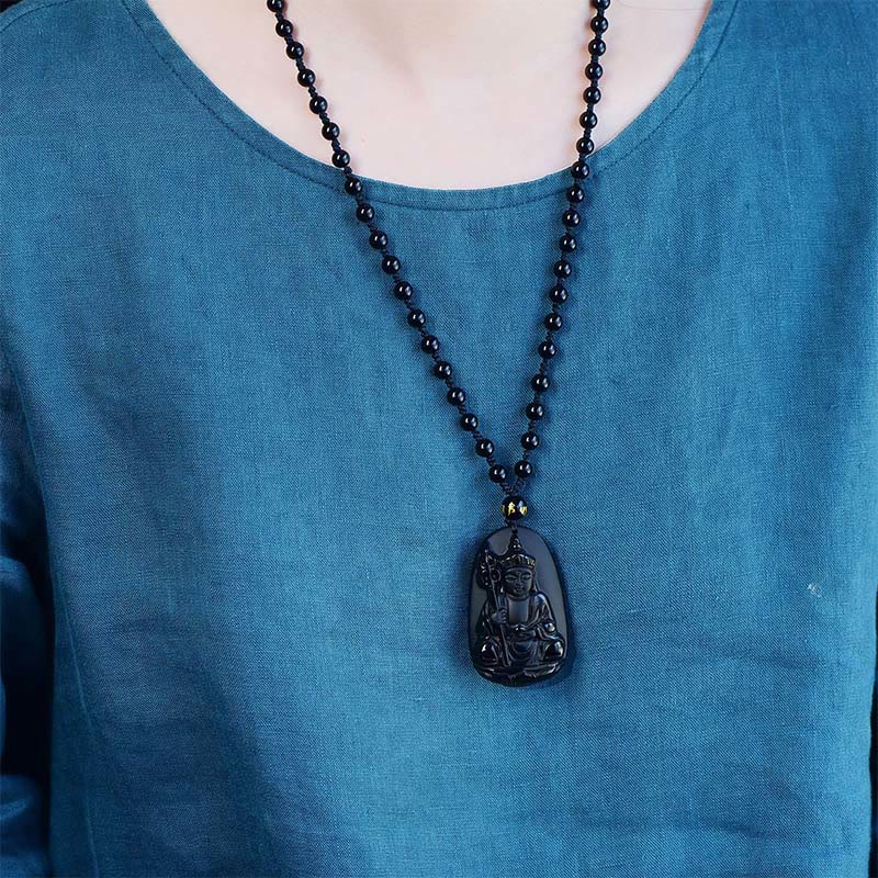 Colgante de obsidiana negra con diseño de Buda Ksitigarbha y Buddha Stones - image 3