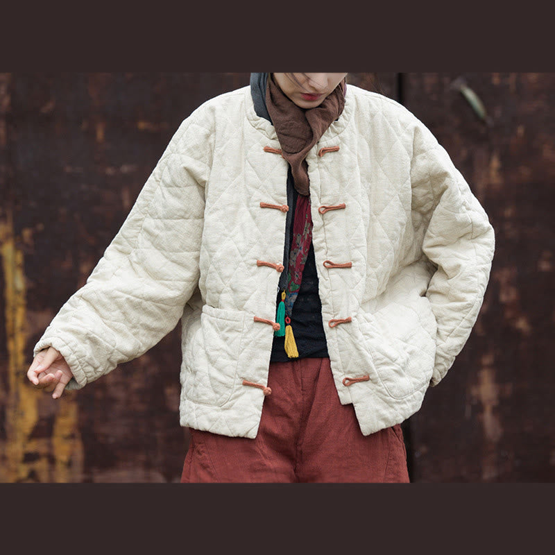 Chaqueta térmica de algodón de manga larga con botones de rana y bolsillos para mujer, de Buddha Stones Winter - FloralBlanco - US14，UK/AU18，EU46 (2XL) - image 0