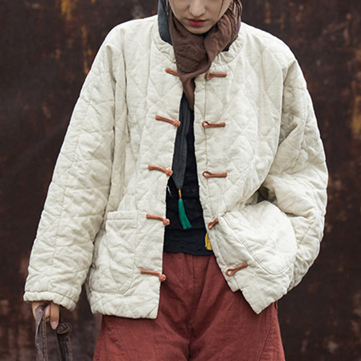 Chaqueta térmica de algodón de manga larga con botones de rana y bolsillos para mujer, de Buddha Stones Winter - image 6