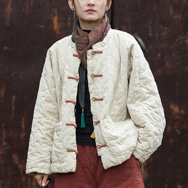 Chaqueta térmica de algodón de manga larga con botones de rana y bolsillos para mujer, de Buddha Stones Winter - image 1