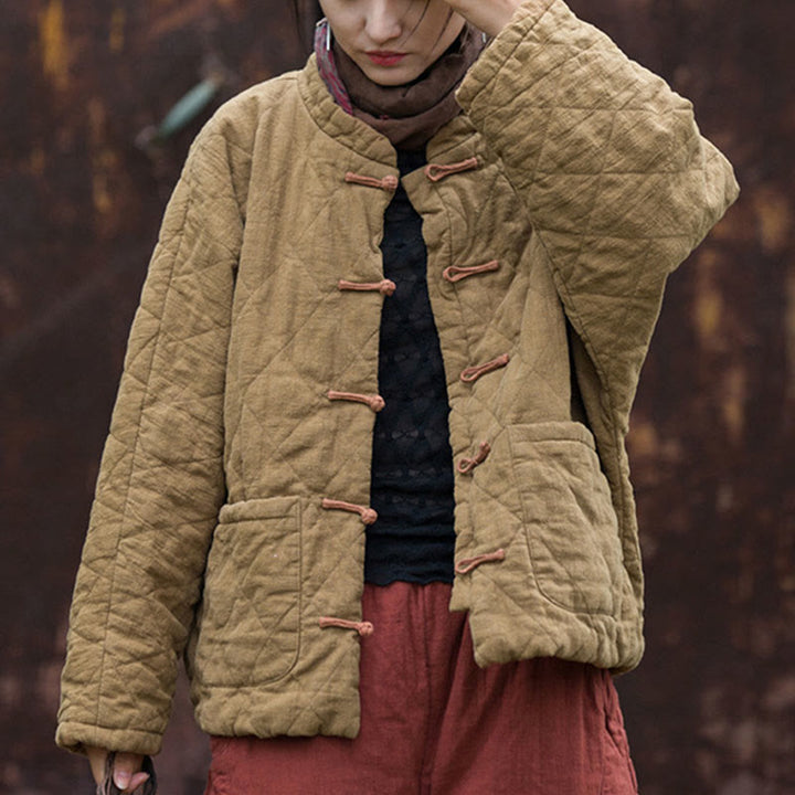 Chaqueta térmica de algodón de manga larga con botones de rana y bolsillos para mujer, de Buddha Stones Winter - image 25